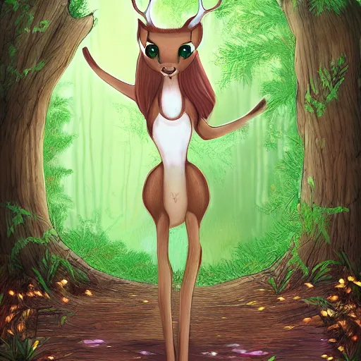 Prompt: anthro anthropomorphic doe feminine deer character frolicking in the woods digital art