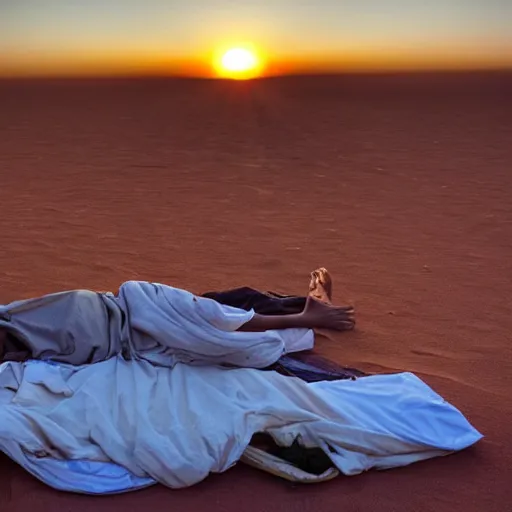 Image similar to a photo a Ghandi sleeping rough in the Sahara a sunrise, perfect lighting