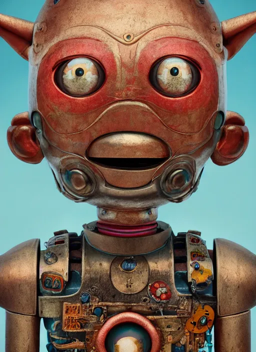 Image similar to closeup portrait of tin toy robot goblin trap, depth of field, zeiss lens, detailed, symmetrical, centered, fashion photoshoot, by nicoletta ceccoli, mark ryden, lostfish, breathtaking, 8 k resolution, extremely detailed, beautiful, establishing shot, artistic, hyperrealistic, octane render