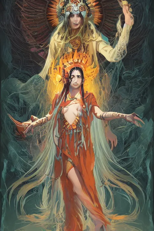 Image similar to shamanic priestess tarot card design by artgerm, tooth wu, dan mumford, beeple, wlop, rossdraws, james jean, marc simonetti, artstation giuseppe dangelico pino and michael garmash and rob rey and greg manchess and huang guangjian and makoto shinkai