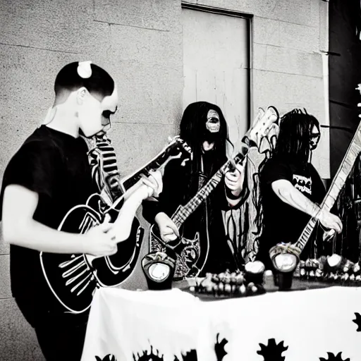 Image similar to black metal band playing at a children's birthday party, goths, punkrockers
