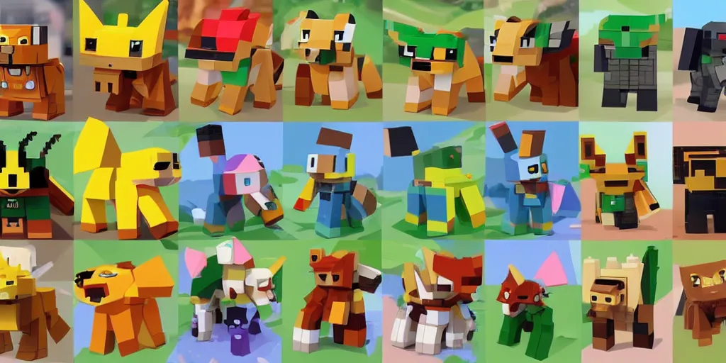 Image similar to small creatures made of a single brick, four legged, quadrupedal, cute looking, kawaii, sharp focus, character sheet, game concept art, blocky, lego mixels, japanese, flat toon style like katamari damacy inspired, pokemon inspired, blocky like minecraft, 8 k, highly detailed