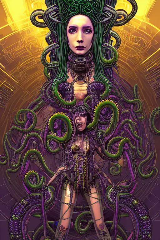 Prompt: Perfectly-centered hyperdetailed symmetrical cinematic surreal arthouse aetherpunk RPG professionally made portrait-illustration of a cyberpunk Medusa dressed in a lovecraftian dress with long ravepunk snakes as hair standing next to sinister otherworldly towers, bionic background, epic comic book cover style, 3D rim light, masterpiece, Gsociety, professional post-processing