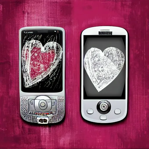 Image similar to two old phones side by side, little hearts in the air, digital art