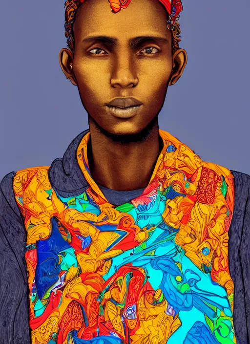 Image similar to closeup portrait of a 2 0 year old somali man, an ultrafine detailed illustration by james jean, intricate linework, bright colors, final fantasy, behance contest winner, vanitas, angular, altermodern, unreal engine 5 highly rendered, global illumination, radiant light, detailed and intricate environment