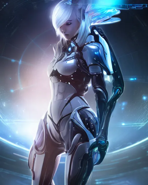 Image similar to perfect android girl on a mothership, warframe armor, beautiful face, scifi, futuristic, galaxy, nebula, raytracing, dreamy, long white hair, blue cyborg eyes, sharp focus, cinematic lighting, highly detailed, artstation, divine, by gauthier leblanc, kazuya takahashi, huifeng huang