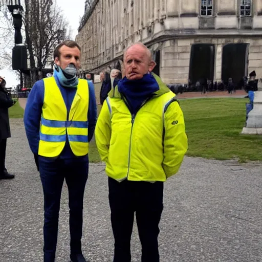 Prompt: Emmanuel Macron wearing a yellow vest