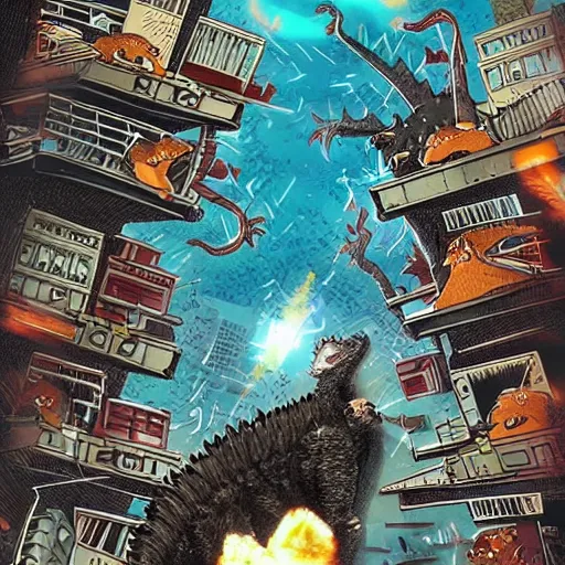 Prompt: kitty - godzilla destroying a city