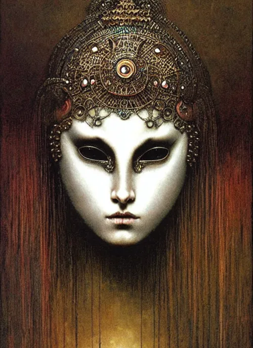 Image similar to girl in detailed ornamental mask by Beksinski and Luis Royo