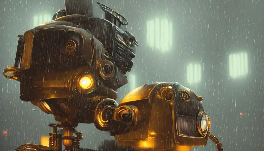 Image similar to steampunk robot, raining, sharp focus, james gilleard, cinematic, game art, extremely detailed digital painting