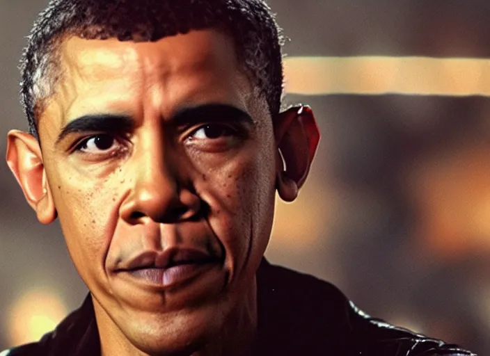 Prompt: film still barack obama wearing leather coat as a detective in blade runner, 8 k