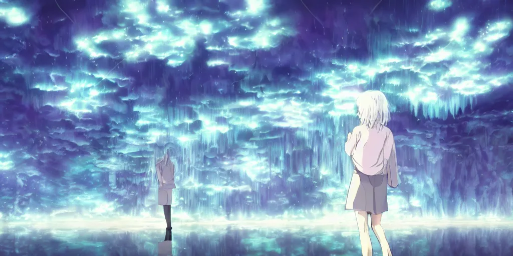 Prompt: white haired girl walking in flooded cloud palace night, fractal dreamscape, cinematic, mirror reflection, vibrant colors digital anime illustration by studio ghibli, smooth coloring