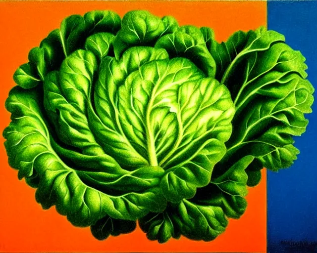 Prompt: a magritte painting of a head of lettuce