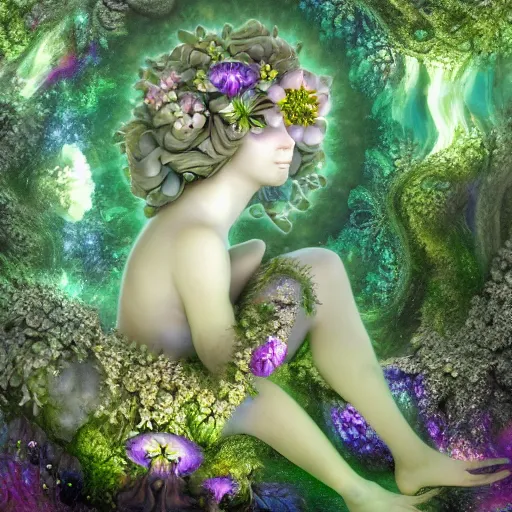 Image similar to glowing delicate flower and mushrooms that grow in a dark fatansy forest on the planet Pandora, an idealistic marble statue with fractal flowery hair in a fractal garden, - W 704