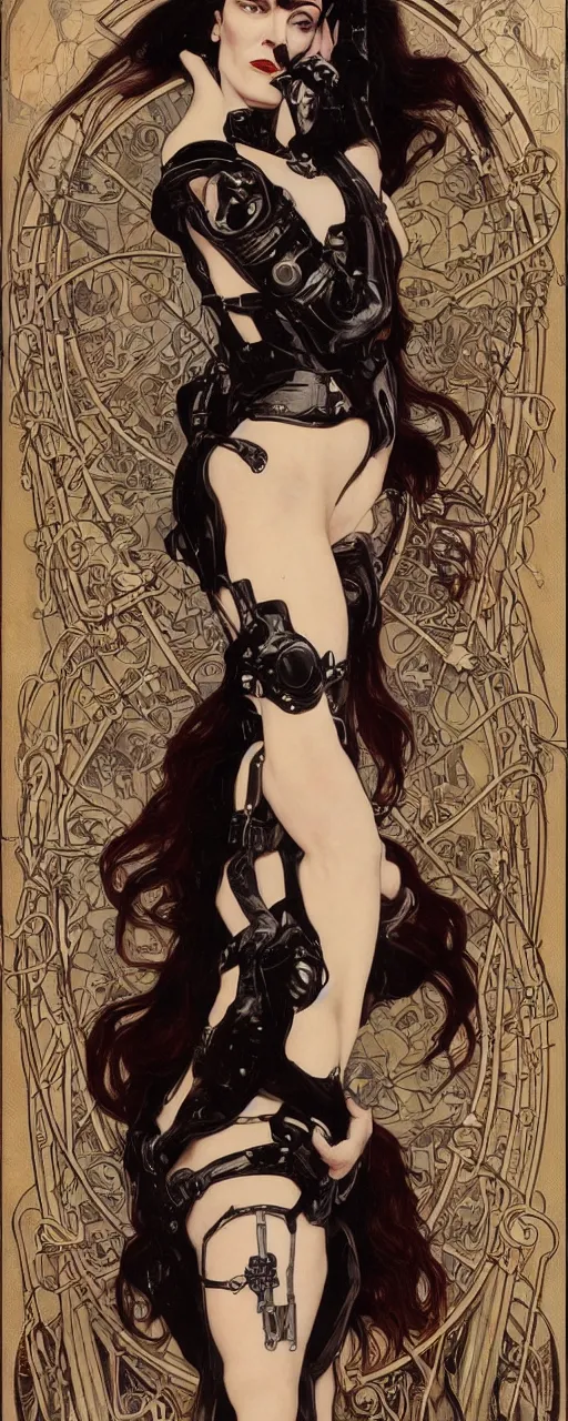 Image similar to a beautiful and captivating art nouveau industrial style portrait of morticia adams as a heavy metal rebel soldier by chris achilleos, travis charest and alphonse mucha, mixed media painting, photorealism, extremely hyperdetailed, perfect symmetrical facial features, perfect anatomy, ornate declotage, circuitry, technical detail, confident expression