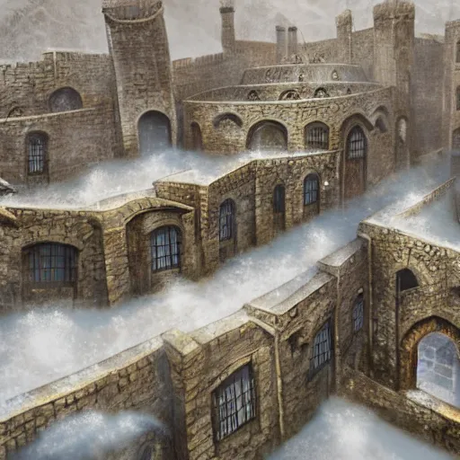 Prompt: fantasy concept art, walled city abut to a labyrinth, snowy weather, 8k, high detail