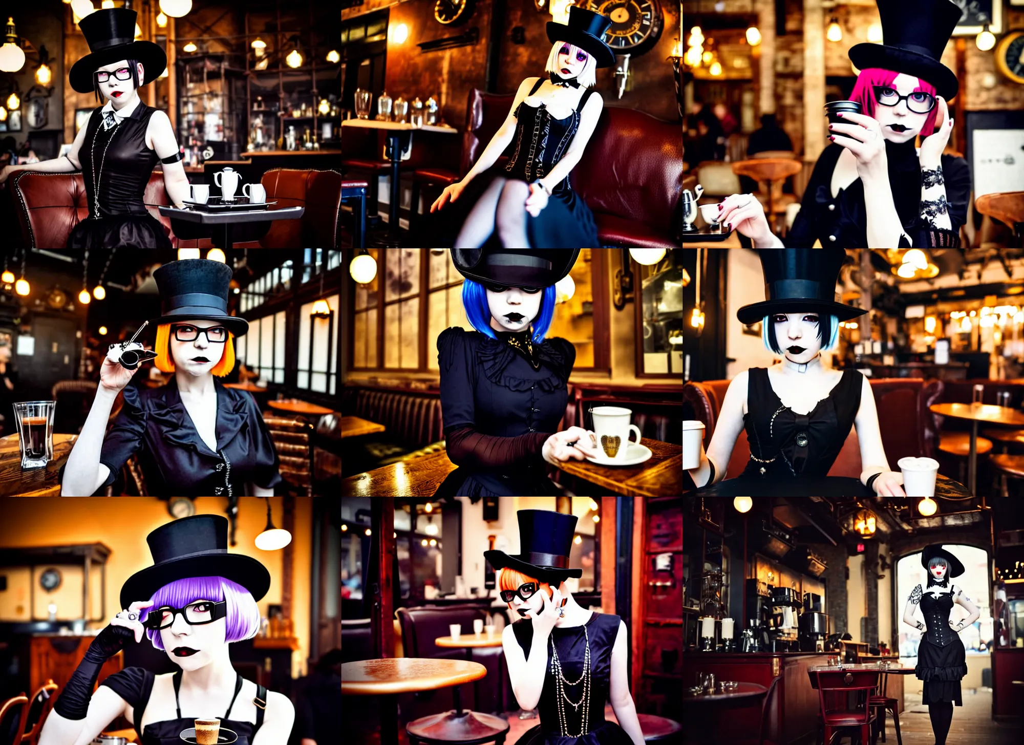 Prompt: full body portrait photo of reol wearing a elegant gothic dress, open top, wearing a tophat, and glasses. drinking coffee in a busy steampunk cafe interior, dusk, ( ( photograph ) ), moody, very dark, realistic