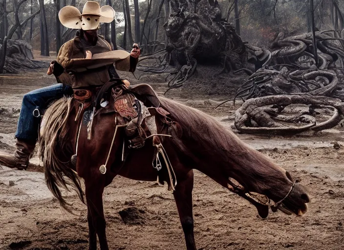 Prompt: a lone ranger cowboy wearing an eye mask disguise while he sinks into a tar pit with his horse, wide shot, from the hit 9 0 s tv show