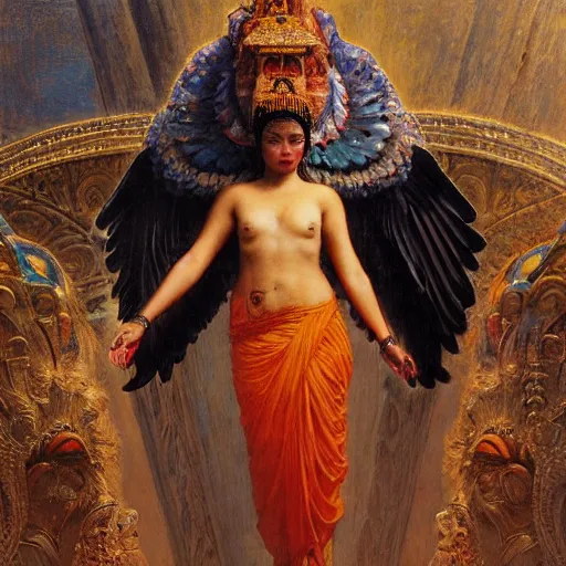 Prompt: giant crow worshipped by buddhist monks, painting by gaston bussiere, craig mullins, j. c. leyendecker, lights, art by ernst haeckel, john william godward, hammershøi,,