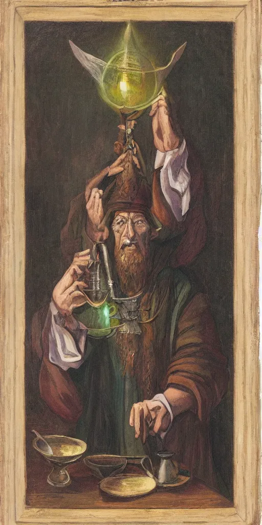 Image similar to a mystical man with a goblet on the table, wizard hat