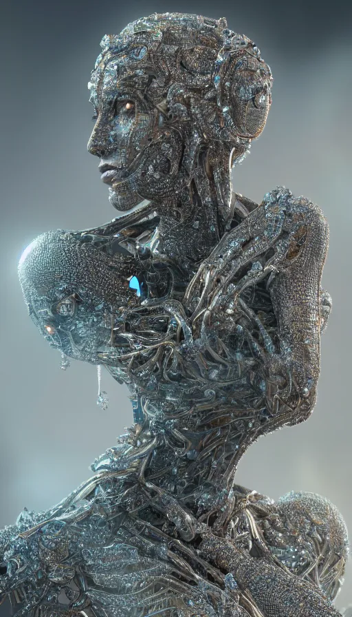 Image similar to full body detailed, ethereal, biomechanical, covered in diamonds and other gems glowing, highly detailed face, elegant posed, intricate, extremy detailed, beeple, cgsociety, 3 d unreal engine octane render. cinematic lighting, highly detailed 4 k art