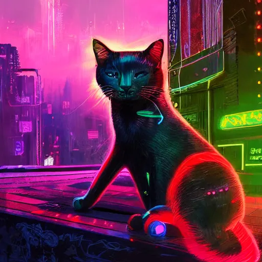 Prompt: a detailed matte painting of a neon cat under a black light with red led eyes, a beam of light shining upon the cat, levitation, the cat is in a intricately detailed neo neon cyberpunk Japanese city, the angel of death with a halo, colorful background not limited to children, by Ismail Inceoglu , concept art, featured on cgsociety