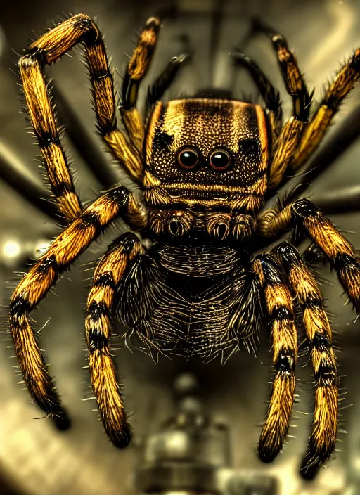 Image similar to macro photo of an intricate mechanic spider, round gears visible from on inside, on the background of a weird magical mechanical forest. Very detailed 8k. Fantasy cyberpunk horror. Sharp. Cinematic post-processing