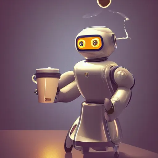 Prompt: hyperdetailed illustration of a friendly empatic highly robot serving a cup of coffee, by simon stalenhaag, by m. w. kaluta, high depth of field, fresh colors, coffee beans, coffee, steam, hyperdetailed, hyperrealistic, moody light, 3 d octane render, 4 k, volumetric lights, smooth, cosy atmosphere, artstation!