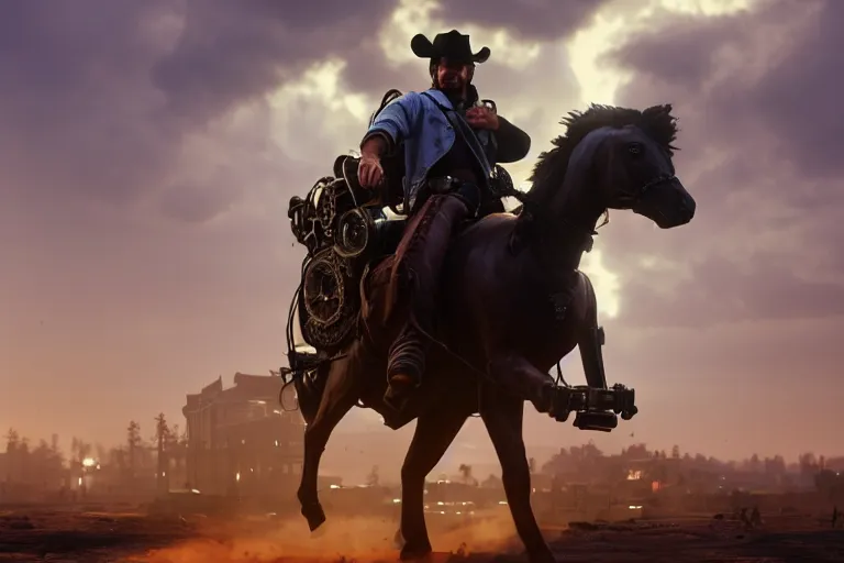 Image similar to photo from shoulder of a cowboy, riding a steampunk horse, carrying a big gun, on a futuristic shopping mall, cinematic lightning, ray tracing, unreal engine 5, photorealistic, 8 k, uhd, 4 k, red dead redemption 2 game concept, extremely detailed, beautiful, elegant, intricate, foggy, in - game footage