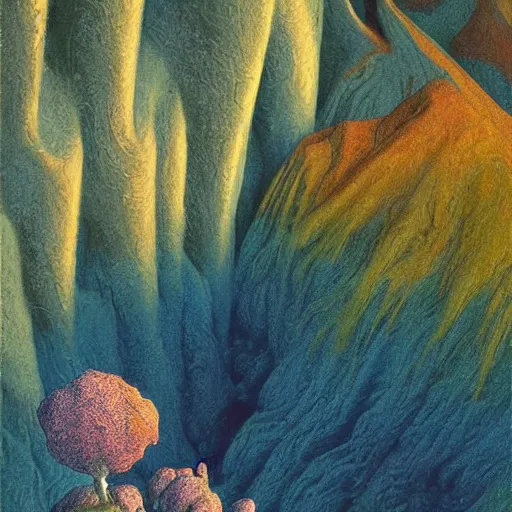 Image similar to artistic digital artwork of a lush natural scene on an alien planet. beautiful landscape by lurid ( 2 0 2 2 ), michael whelan and remedios varo. weird vegetation. cliffs and water. grainy and rough. interesting pastel colour palette. beautiful light. oil and water colour based on high quality render.