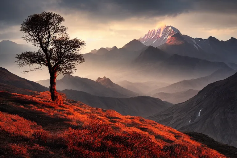 Image similar to landscape photography by marc adamus, mountaiins, a dramatic lighting, mountains, a tree in the foreground