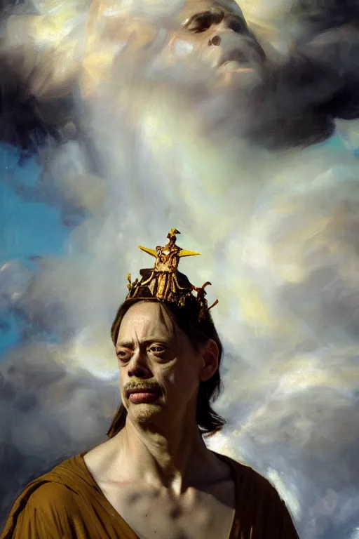 Image similar to beautiful detailed expressive impressionistic oil painting portrait of ancient roman god emperor steve buscemi ascending into the clouds wearing the civic crown, renaissance painting, art by anders zorn, wonderful masterpiece by greg rutkowski, expressive brush strokes, beautiful cinematic light, american romanticism by greg manchess, jessica rossier