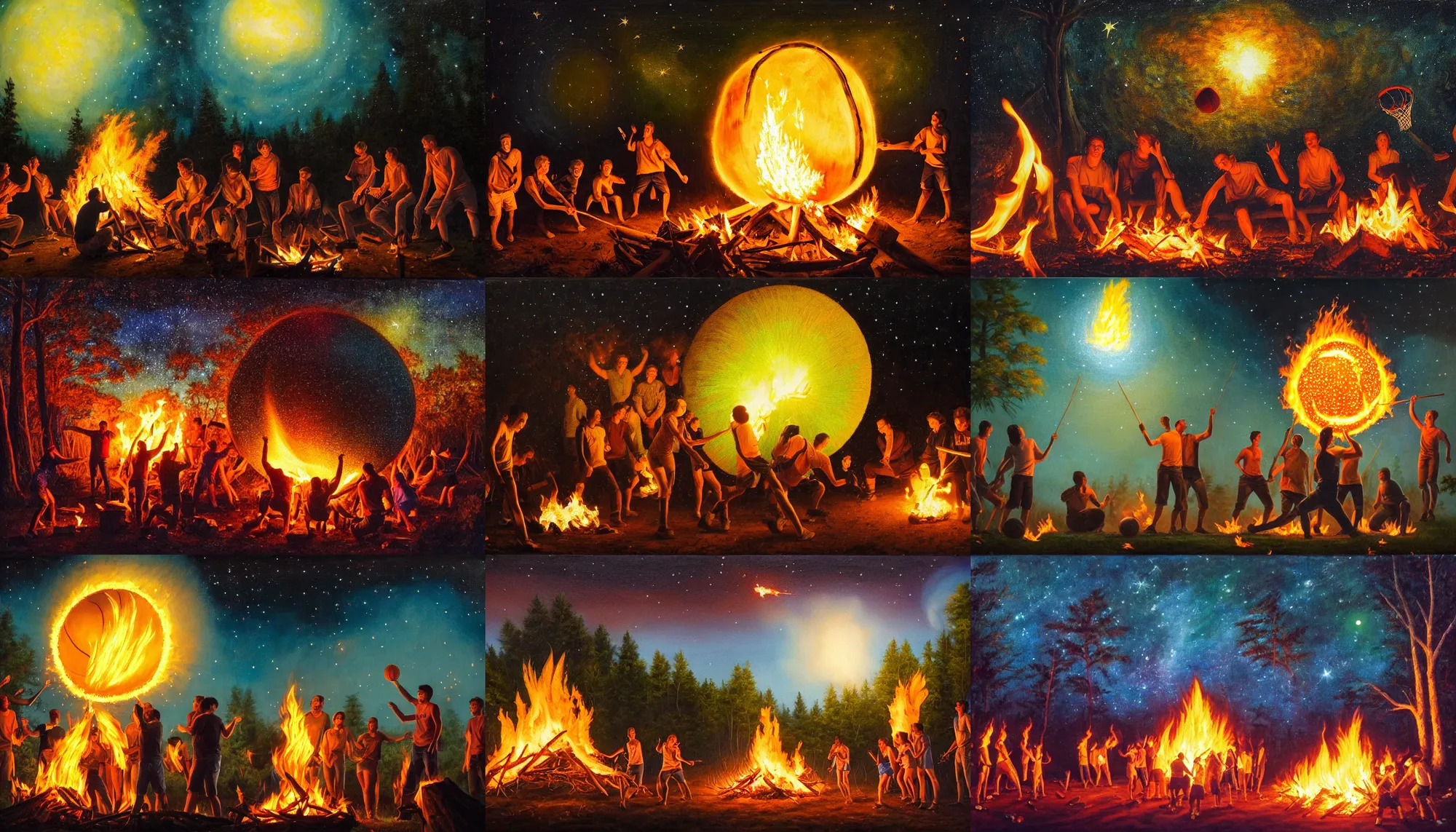 Prompt: a group of friends setting fire to a gigantic basketball on a bright radiant campfire, looking at the malignant stars, dense lush forest at night, horror, close - up, over the shoulder shot, stardust, hyperdetailed, 8 k, masterful oil painting using gradients and degrade technique