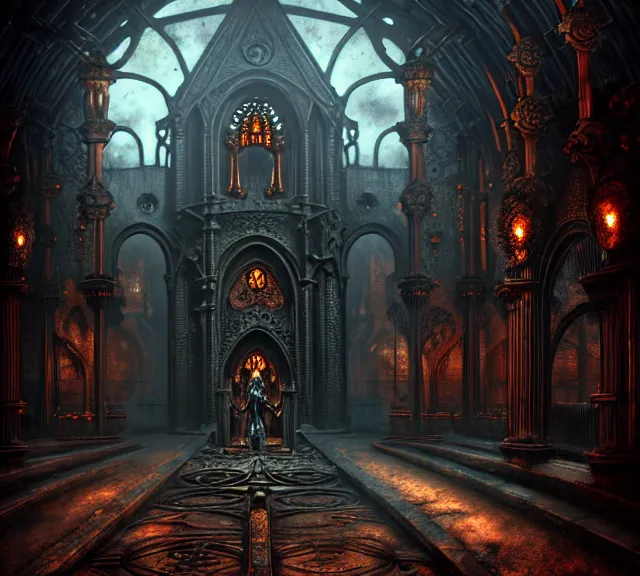 Image similar to steam necropolis, memento mori, gothic, neo - gothic, art nouveau, hyperdetailed copper patina medieval icon, stefan morrell, philippe druillet, ralph mcquarrie, concept art, steampunk, unreal engine, detailed intricate environment, octane render, moody atmospherics, volumetric lighting, ultrasharp, ominous, otherworldly