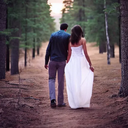 Prompt: A beautiful girl and her boyfriend walk into the sunset, holding hands, forest