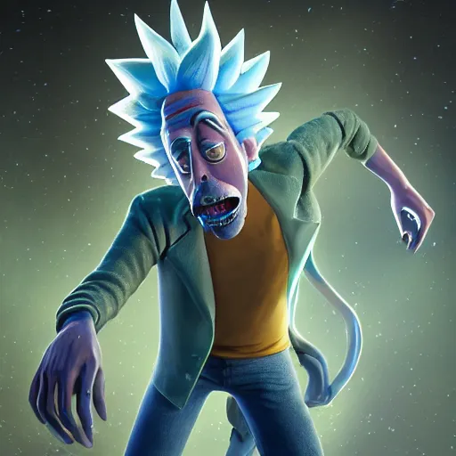 Image similar to full body pose, hyperrealistic photograph of rick sanchez from rick and morty, dim volumetric lighting, 8 k, octane beautifully detailed render, extremely hyper detailed, intricate, epic composition, cinematic lighting, masterpiece, trending on artstation, very very detailed, stunning, hdr, smooth, sharp focus, high resolution, award, winning photo, dslr, 5 0 mm