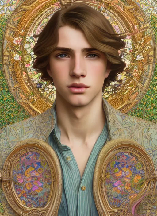 Image similar to pretty young man with shoulder length shiny shimmering golden blond hair, half body shot, emotional, decorative flower patterned background, path traced, highly detailed, high quality, digital painting, by studio ghibli and alphonse mucha, leesha hannigan, hidari, disney, jules bastien - lepage, art nouveau