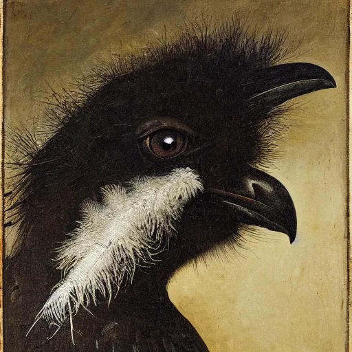 Prompt: portrait of the head of black crow from behind looking over his shoulders, head turned, oil painting in the style of bieter bruegel the elder, highly detailed and crisp render of distressed feathers, eyes made out of reflective chrome like a mirror