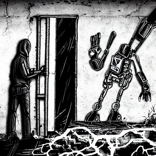 Image similar to a truly awful machine is breaking into the bunker, horror, techpunk, robot, dirty, dark, dynamic, evil, cryptid, underground, concrete