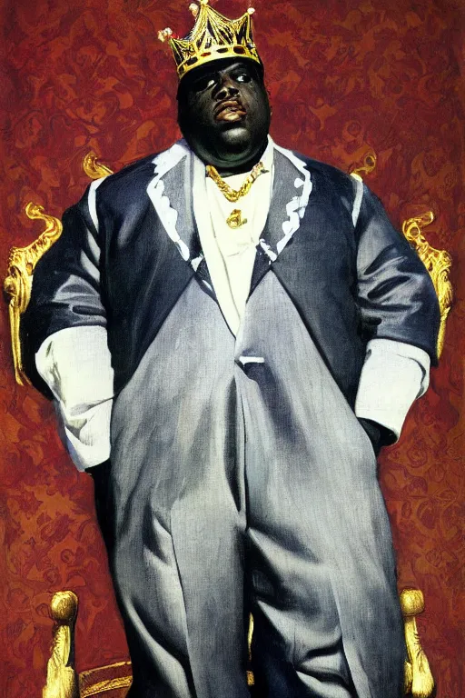 Image similar to ultra unrealistic portrait of rapper biggie smalls standing with cane and with kings crown and royal outfit, european, modern art, eclectic art, gold and colorful, illustration, by ramon casas