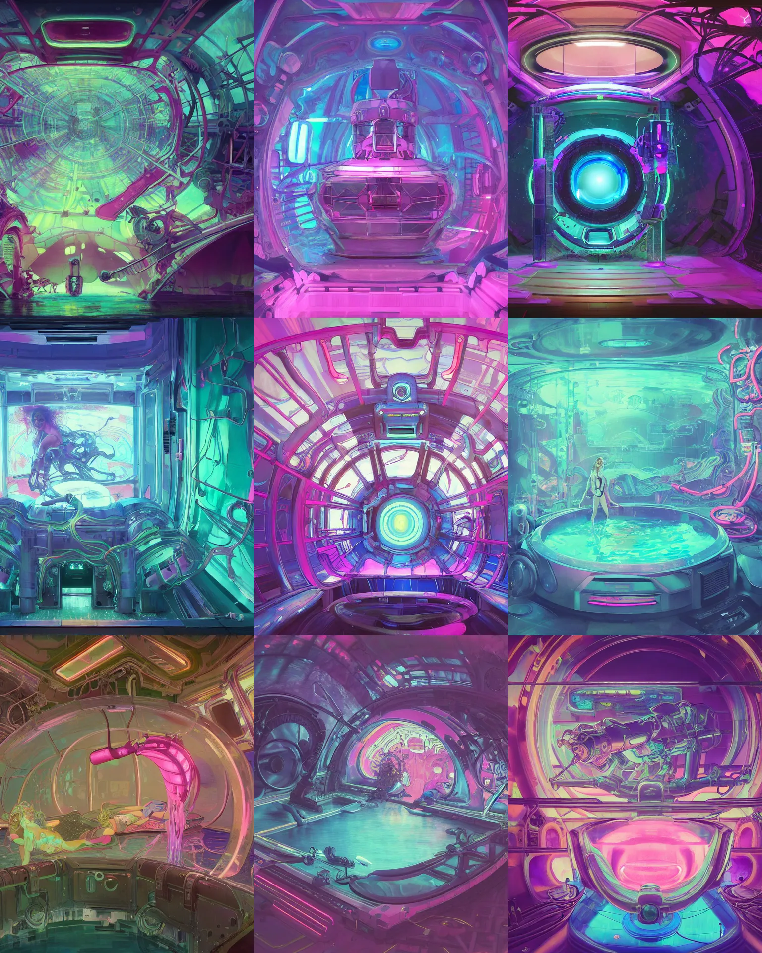 Prompt: the inside of a the inside of a seapunk Mecha stomach tank with glowing pink water sensory deprivation tank under water, dark, stomach, cinematic lighting, lined with neon tube lights, vaporwave , digital art, artstation, by WLOP, Ilya repin, alphonse mucha. Very highly detailed 8K, octane, Digital painting, the golden ratio, rational painting