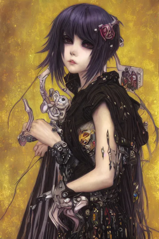 Prompt: portrait of beautiful young gothic anime maiden, cute anime face, cyberpunk, Warhammer, highly detailed, artstation, illustration, art by Gustav Klimt