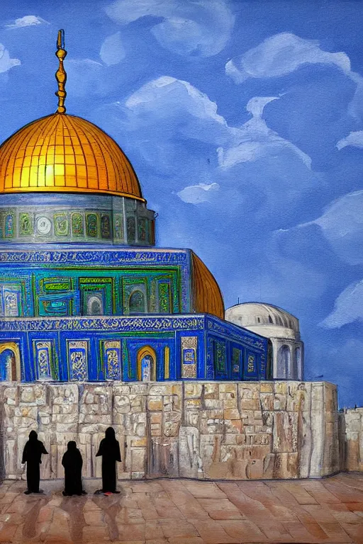 Prompt: a beautiful painting of dome of the rock jerusalem and f a muslim is praying in front of it, trending on artstation