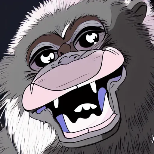 Image similar to mountain gorilla laughing, anime style