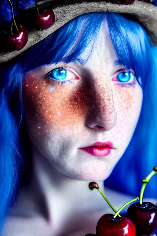 Image similar to close - up portrait of a blue - haired girl with glowing freckles and glowing cherry - colored eyes, fantasy art, victorian era, renaissance painting, realism, antique, epic, realistic, high quality, high resolution, lossless quality, lossless quality, 8 k, hdr, 4 k, 8 k resolution, 1 6 k resolution, 8 k quality