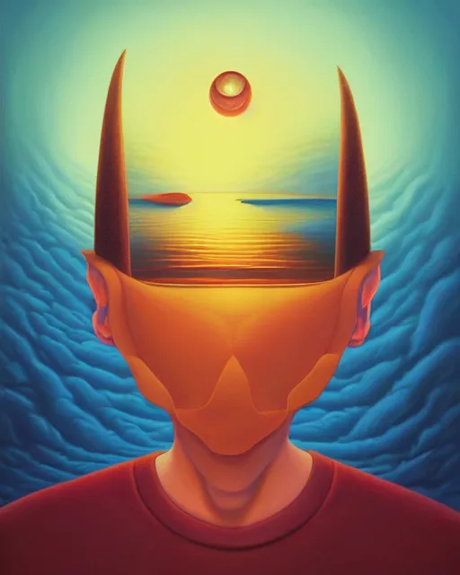 Image similar to a painting of randy manzo, a surrealist painting by Naoto Hattori, sunset, by Beeple, symmetry, by Makoto Shinkai and Lois van baarle, trending on deviantart, pop surrealism, lowbrow,, whimsical