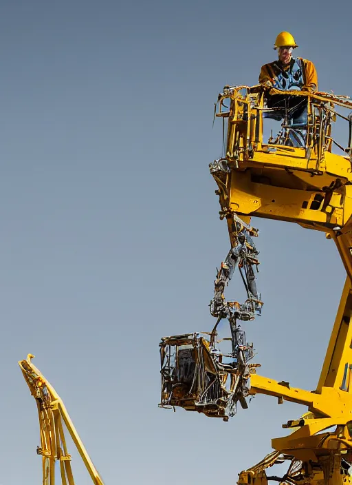 Image similar to closeup portrait of mecha bryan cranston with construction crane frame arms, yellow hardhat, natural light, bloom, detailed face, magazine, press, photo, steve mccurry, david lazar, canon, nikon, focus