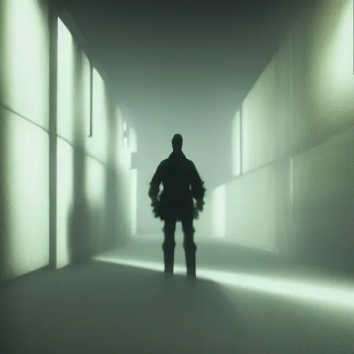 Image similar to silhouette of a man standing on a dark hallway, red light on the behind of the man, creepy atmospheric, unreal engine fantasy art, 8k, trending on artstation, realistic