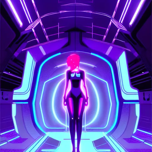 Image similar to Tron inspired character in the middle of the night in an abandoned space station, purple, sleek futuristic cityscape, blue, blacklight effects, neon lights, shimmery, glamorous, illuminated, glitch, vector drawing, illustration, art by Krenz Cushart and Artem Demura and alphonse mucha