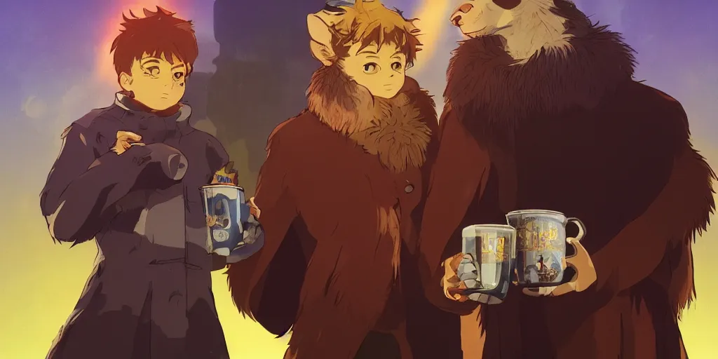 Image similar to a two german shepherds beast - men, holding a mug of beer, a lot of pockets, fur cape, tavern background, magical, bright, colorful, fantastic lighting, amazing details, 4 k uhd, illustration by hayao miyazaki and makoto shinkai and ilya kuvshinov, artstation, pixiv,